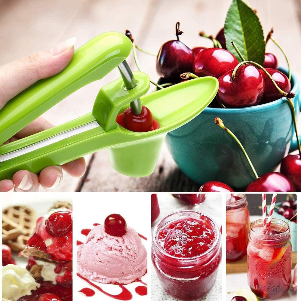 Cherry Pitter,Olive Seed Remover Tool with Food-Grade Silicone Cup,Portable Fruit Corer Cherry Stoner Kitchen Aid Machine with Space-Saving Lock Design(Green)