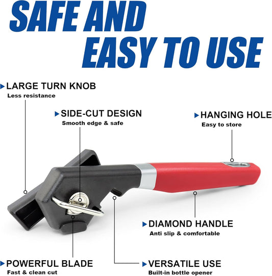 PrinChef Safety Can Opener Smooth Edge, Built-in Bottle Opener | Rust Proof Can Opener Manual, with Sharp Blade| Handheld Can Openers Heavy Duty, Side Cut Design, Easy and Safe to Use, Red