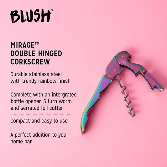 Blush Mirage Iridescent Double Hinged Corkscrew Wine Opener with Built-in Beer Bottle Opener, Stainless Steel Wine Key with Foil Cutter, Home Bar Gifts for Women, Bridesmaid Gifts, Kitchen and Travel