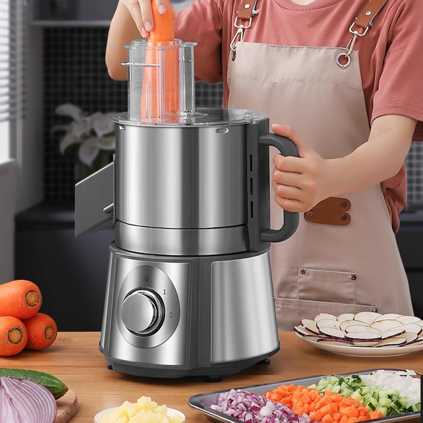Anatole Electric Vegetable Dicer Stainless Steel Food Processor 16-Cup 300W Commercial Veggie Chopper Heavy Duty Fruits Cutter with 1/4" 3/8" 1/2" Blades Auto Discharge for Carrot Potato Onion