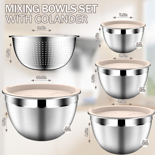 DUTZUN Mixing Bowls with Lids Set, Stainless Steel Mixing Bowls with Colander, Strainer with Mixing Bowl Set, Serving Bowl Kitchen Gift, Size 4.5, 2.5, 2, 1.5QT - Black