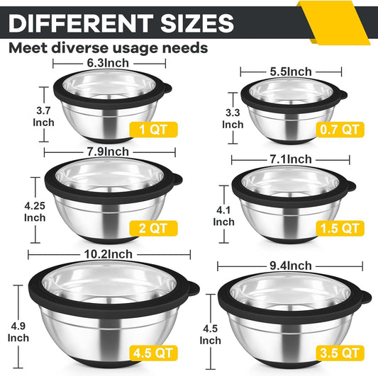 TeamFar Mixing Bowls with Lids Set of 6, Stainless Steel Metal Salad Bowls with Non-Slip Bottom, For Mixing Serving Prepping, Healthy & Heavy Duty, Black,4.6/3.5/2/1.5/1/0.7 QT