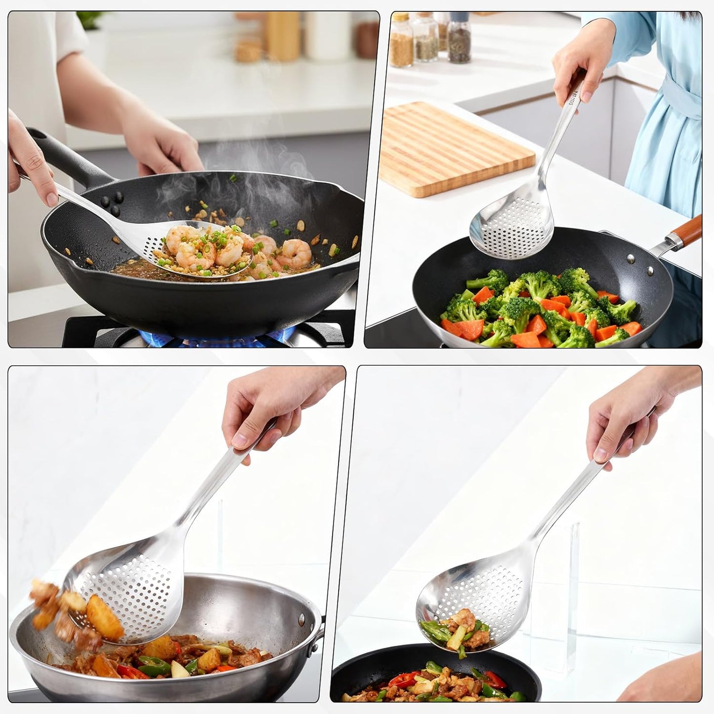 14.2 Inch Large Stainless Steel Skimmers Ladle Spoon Spider Strainer, Skimmer Slotted Spoon, Skimmer Spoons with Hanging Holes for Kitchen Cooking, Frying and Draining