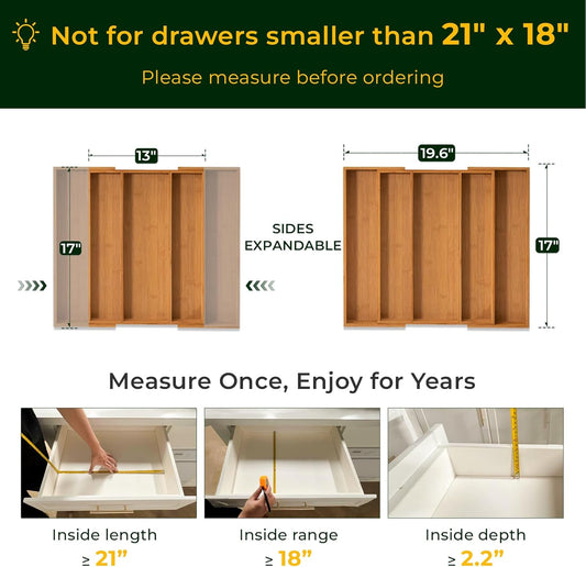 keechee Carbonized Bamboo Kitchen Drawer Organizer, 10 Slots Expandable Silverware Organizer, Utensil Holder & Cutlery Tray, 2.2" Deep for Extra Capacity, Non-Slip Feet Included
