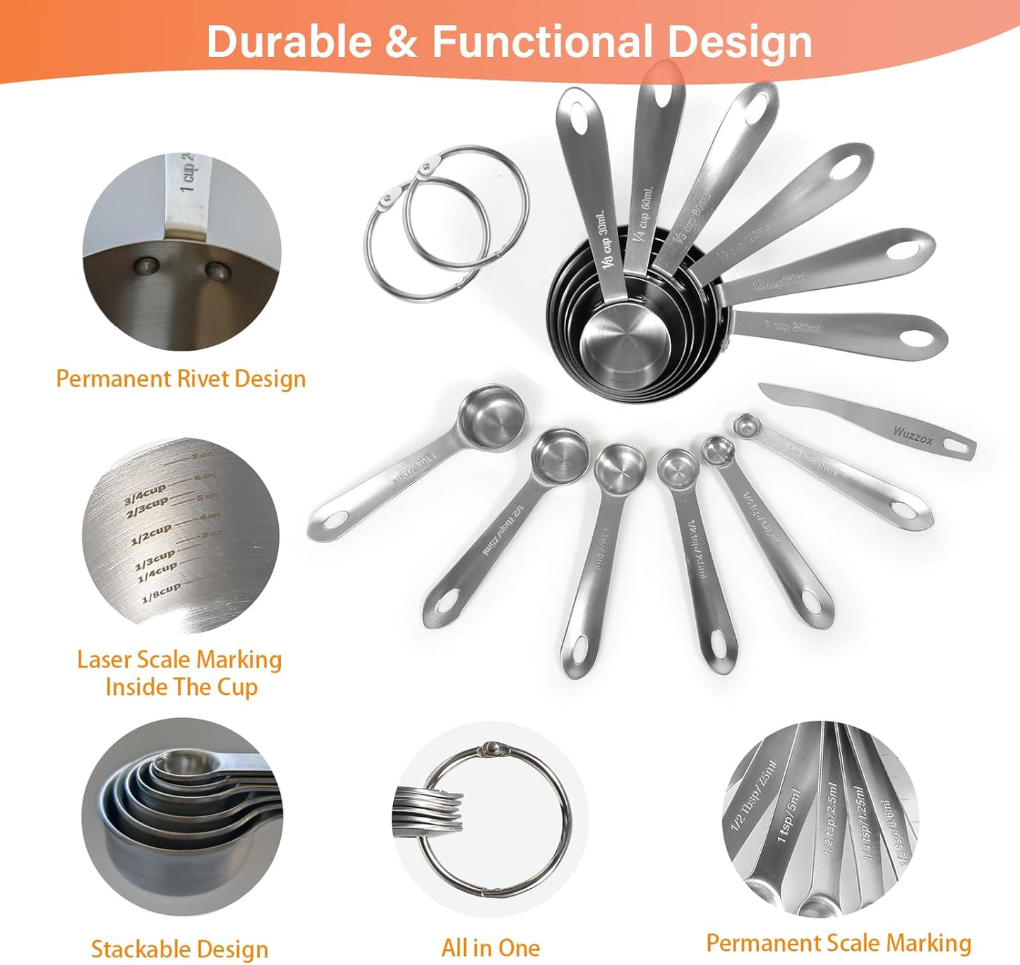Stainless Steel Measuring Cups & Spoons Set of 13, Stackable Metal Measuring Cups & Spoons, Kitchen Gadgets for Cooking & Baking