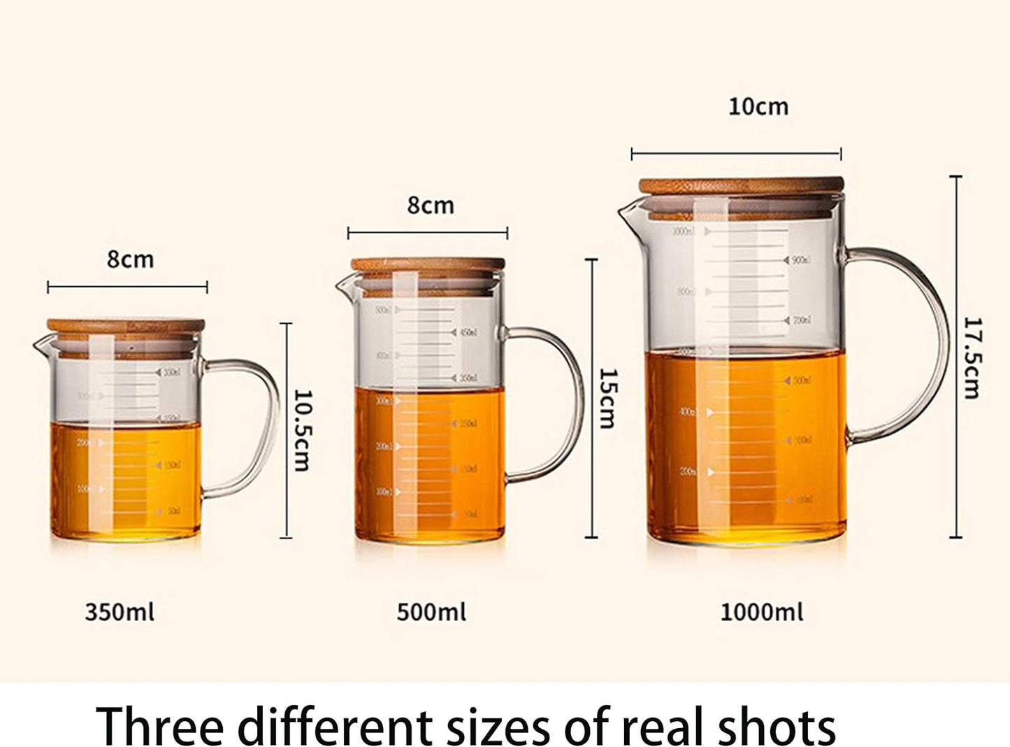 Graduated Beaker Mug with Handle and Durable Bamboo Lid Borosilicate Glass Multi-Function Food Grade Measuring Cup 1000ML