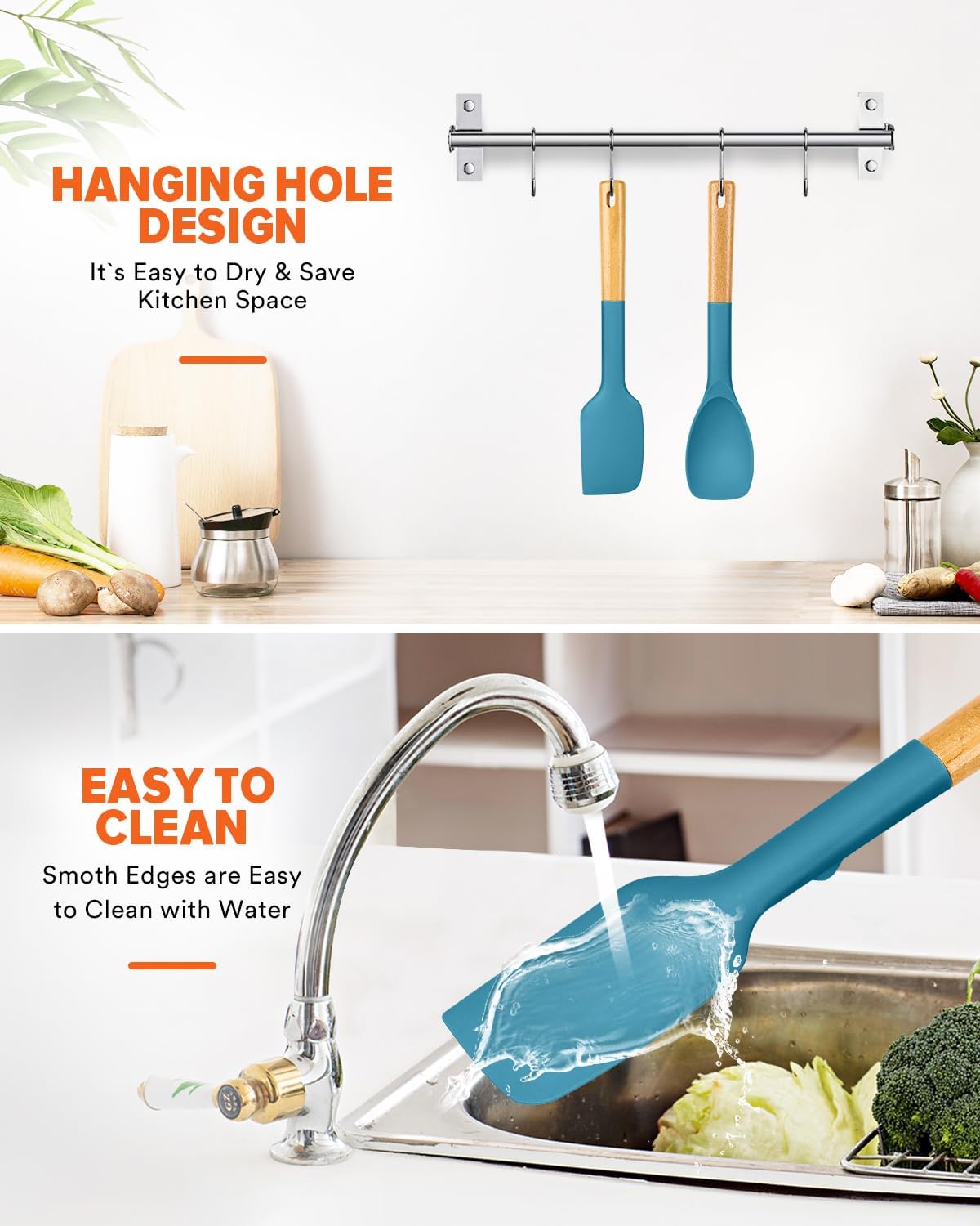 Silicone Spatula and Spoonula Set, Great For Stirring, Tough Mixing and Folding, Sturdy Bpa-Free Matte Silicone, Wooden Handle Rubber Scraper For Nonstick Cookwares (Grey)