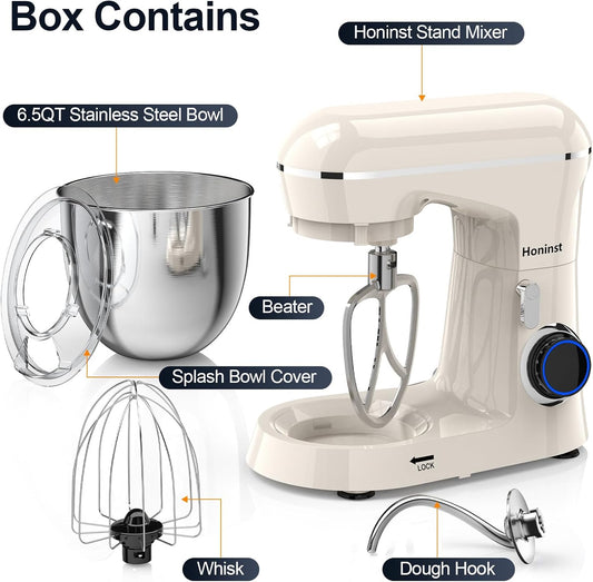 Honinst Stand Mixer, 6.5QT 10-Speed Tilt-Head Electric Stand Mixer, 3-In-1 Kitchen Mixer with Bowl, Dough Hook, Whisk and Beater, Food Mixer for Baking, Cake and Most Home Cooks, Black