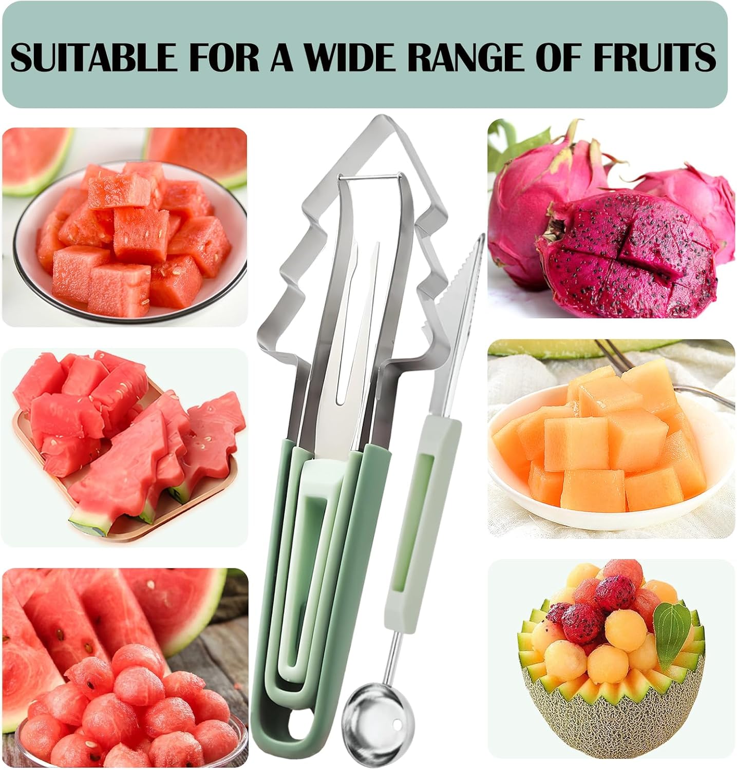 3-in-1 Watermelon Cutter Slicer Tool,Stainless Steel Watermelon Cutter Melon Baller Scoop Set Chriatmas Tree Popsicle Tool Watermelon Knife Fruit Slicer Fruit Carving Tools for Kitchen Utility Gadgets