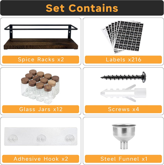 4-Tier Wall Mount Spice Rack Organizer with 24 Glass Jars, 216 Labels & Funnel - Screw/Adhesive Mount, Black Metal & Wood Spice Storage for Kitchen Pantry Cabinet, 11.6”W x 2.4”D x 3.2”H