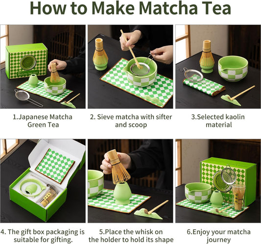 Premium 7-Piece Matcha Tea Set – Traditional Japanese Style with Elegant Grid Pattern, Includes Bamboo Whisk, Ceramic Bowl, Scoop & More – Perfect for Matcha Lovers & Tea Ceremony (Orange grid)