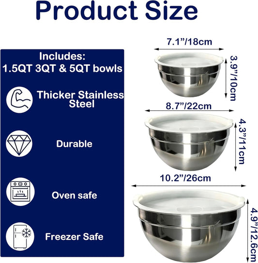 Stainless Steel Mixing Bowls With Lid, Metal Nesting Mixing Bowl Set Of 3, Prep Bowls For Food Prep, Cooking, Baking, Serving, Storage, Dishwasher Safe, Metal Bowls with Lids for 1.5/3/5 Qt, Silver