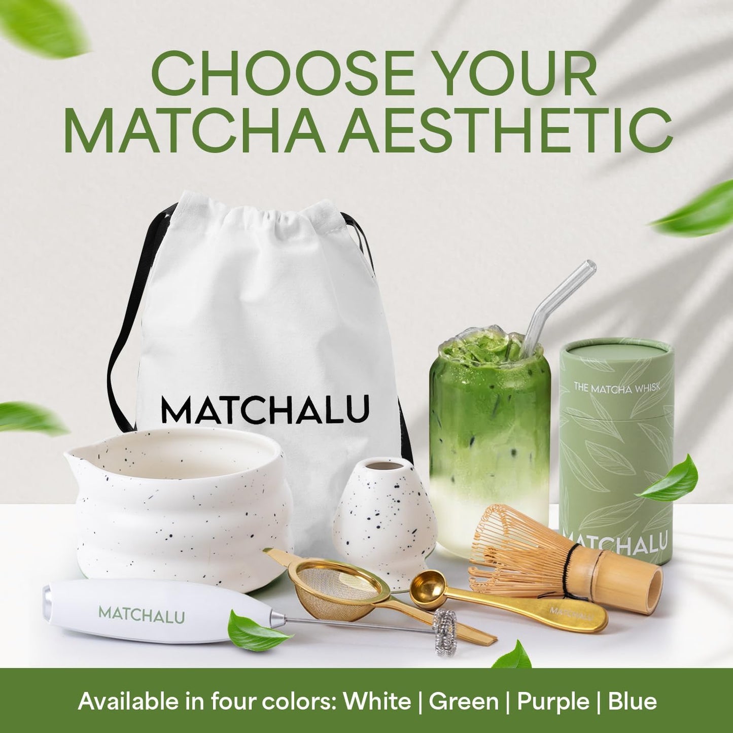 Matcha Whisk Set With Ceramic Matcha Bowl, Bamboo Whisk & Holder, Stainless Steel Spoon & Sifter, Glass Cup & Straw, Electric Frother, Storage Bag - Gift for Matcha Lovers (Premium 9-Piece Set White)