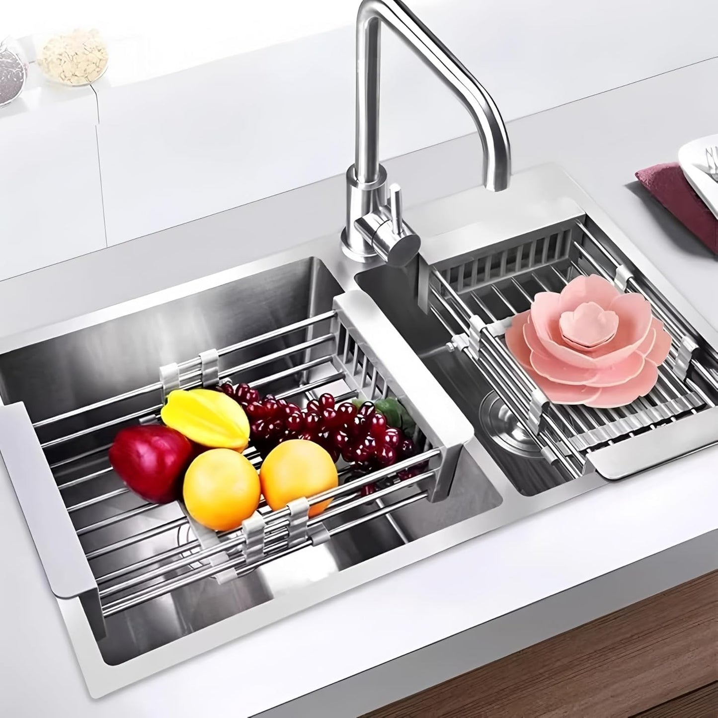 Expandable Over Sink Dish Drying Rack, Stainless Steel Kitchen Organizer, Adjustable Countertop Drainer for Plates, Bowls, Utensils (Gray, Small)