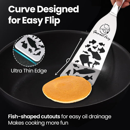 Stainless Steel Fish Spatula Set – 1 Large Fish Turner + 1 Small Metal Spatula, Ultra-Thin Edge for Easy Turning & Flipping, Metal Kitchen Utensils with Ergonomic Non-Slip Handle, Dishwasher Safe