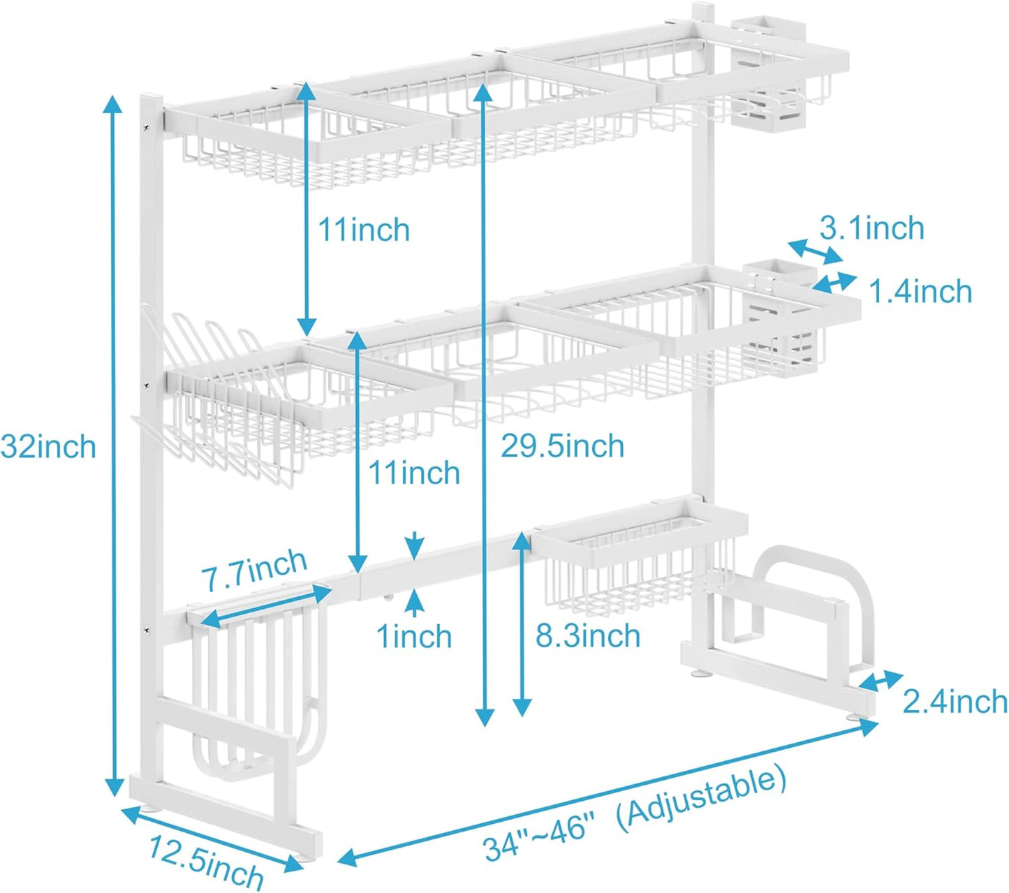 PUSDON Over the Sink Dish Drying Rack, 2 Tier Adjustable Large Capacity Stainless Steel Dish Rack for Kitchen Counter, Heavy Duty Space Saver Organizer with Utensil Holder, Black