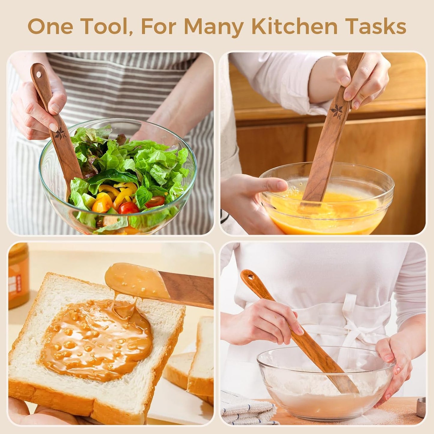 2 Pack Spurtle for Sourdough Starter, Danish Dough Whisk and Jar Spatula, Solid Teak Wood for Mixing, Scraping Jars and Bread Making Tools, Wooden Kitchen Utensils for Non-Stick Cookware