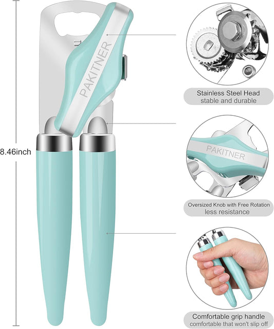 PAKITNER - Can Opener Manual, Safe Cut Heavy Duty Hand Can Opener with Magnetic Lifter, Stainless Steel with Sharp Blade Smooth Edge Can opener, Easy Big Turn Knob, with Bottle Opener, Aqua Sky