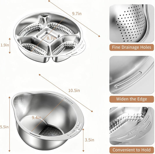 Rice Washer Strainer Bowl with Vegetable Divider Tray, Stainless Steel Rinser Washing Bowl, Small Colander Rice Strainer Versatile Kitchen Tool for Quinoa, Vegetables, Fruits, Beans Cleaning