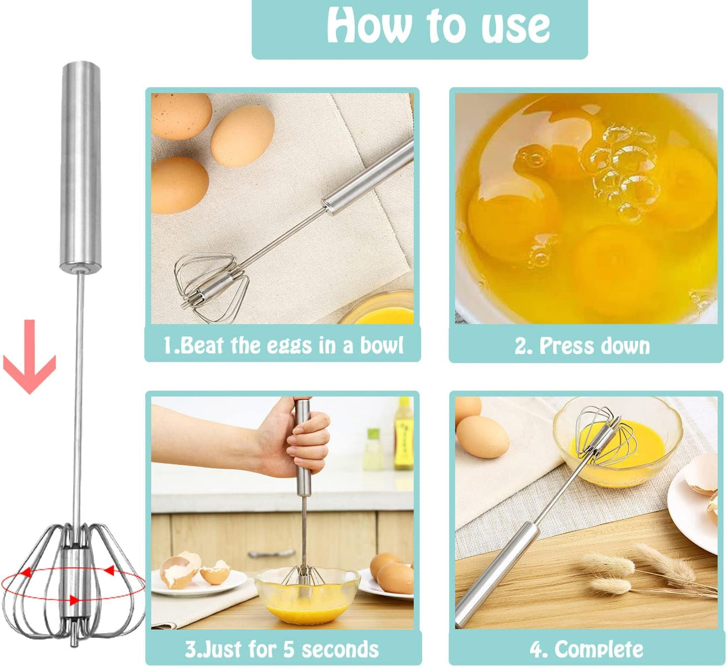 Semi-automatic Whisk, Stainless Steel Egg Beater, Hand Push Rotary Whisks Mixer Stirrer for Making Cream, Whisking, Beating and Stirring (3 Color)