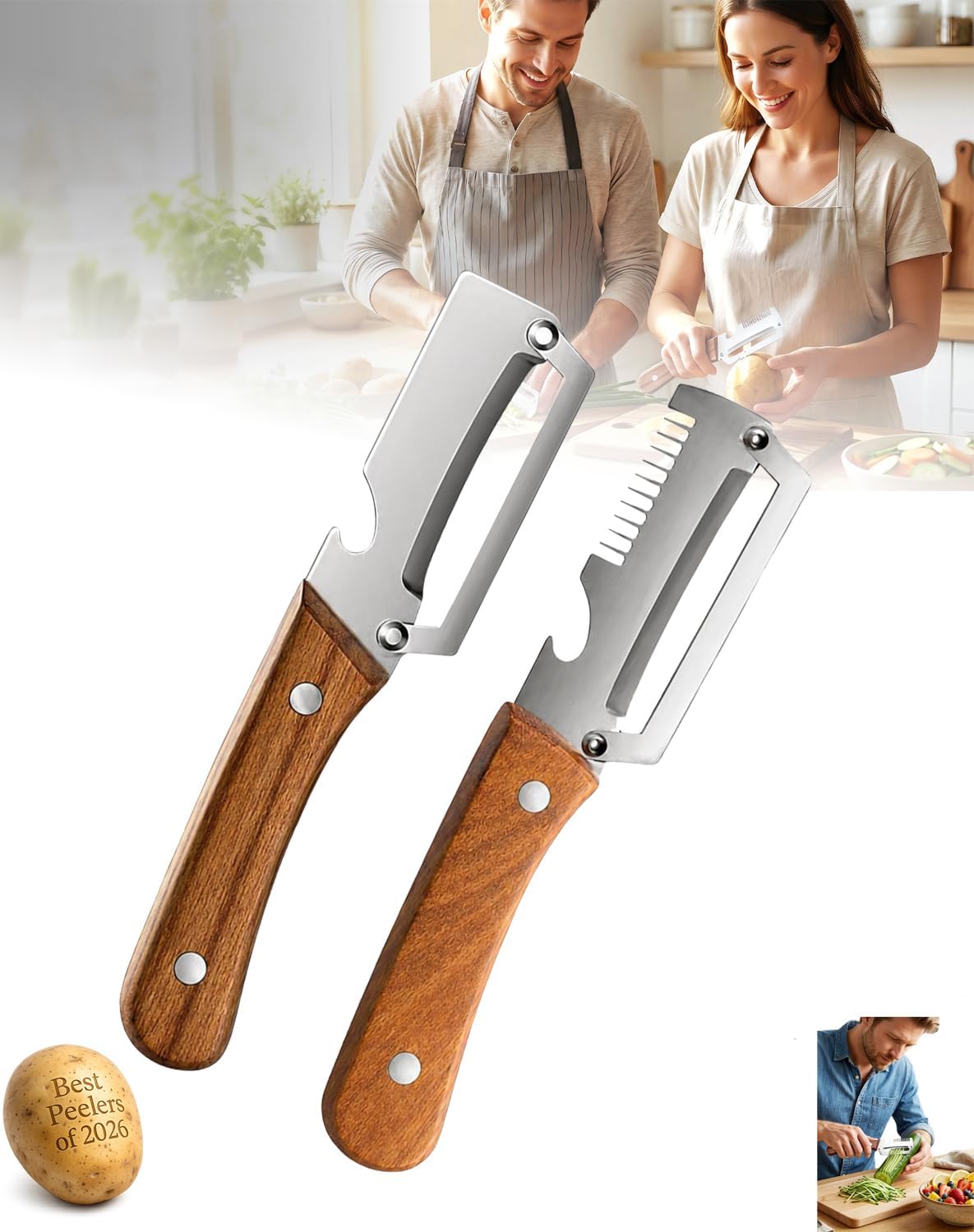 Precision Peeler Pro Heavy Duty Vegetable Peeler, 420 Stainless Steel 2.5mm Thick Blade, Julienne Peeler with Wood Handle & Bottle Opener for Hard Produce (A+B)