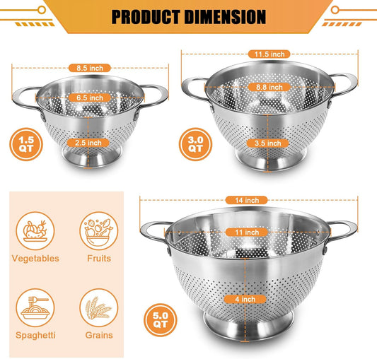 Stainless Steel Colander for Kitchen | 5 Quart Durable Rice and Pasta Strainer with Handle | Oversized Handles | Nesting Design | Rust-Resistant & Dishwasher Safe