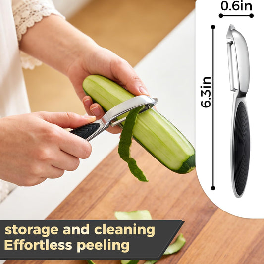 One-piece vegetable peeler with ergonomic non-slip handle and sharp blade, sturdy and durable—the perfect kitchen peelers designed for vegetables, fruits, potatoes, carrots, and apples-black