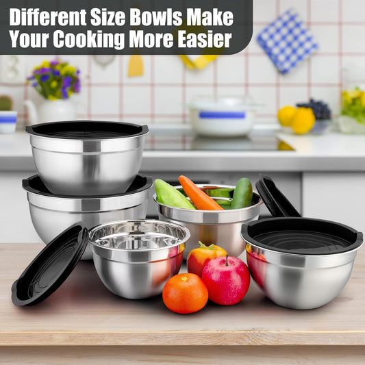P&P CHEF Mixing Bowls with Airtight Lids Set of 5, 10-Piece Stainless Steel Mixing Nesting Bowl, Metal Bowl with Lid for Kitchen Prepping & Storing, Size 4.6, 3, 1.5, 1, 0.7 QT, Multicolor