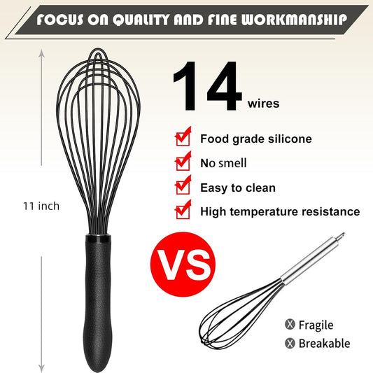 TEEVEA Silicone Whisk Set Non Scratch BPA Free for Nonstick Cookware, 3 Piece 8/10/12 Inch Stainless Steel Core Heat Resistant, Egg Beater for Cooking Baking, Black