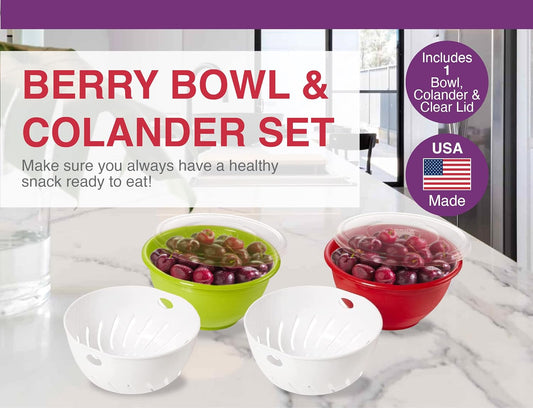 Arrow Home Products Berry Bowl & Berry Colander Set - Fruit Strainer Container with Lid, Rinse Store & Serve - Made in USA, Dishwasher Safe, BPA Free, 1 Quart, Assorted Colors (Either Red or Green)