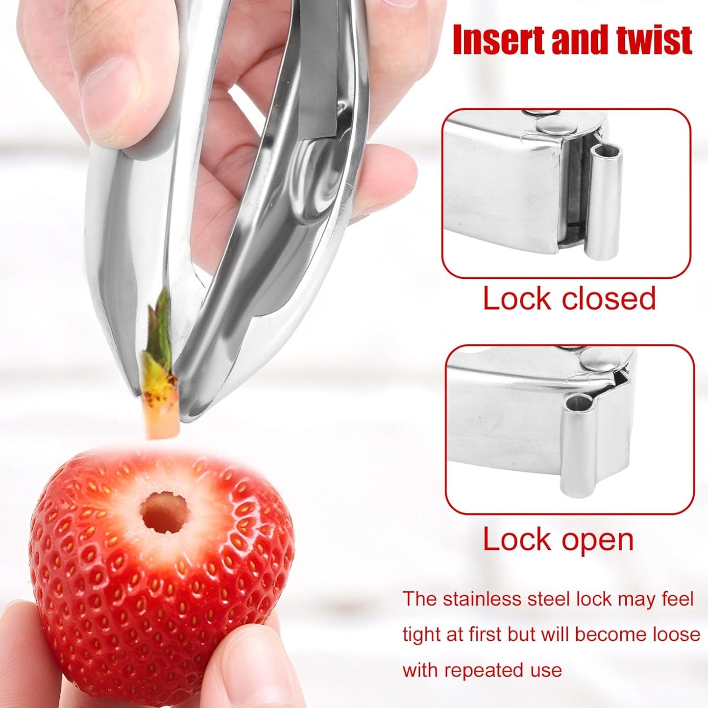 Strawberry Huller, 304 Stainless Steel Fruit Tomato Picker Stem Top Corer Remover with Safety Lock Ergonomic Non-Slip Handle Multi Function Coring Tool & Kitchen Gadget Cutter Knife