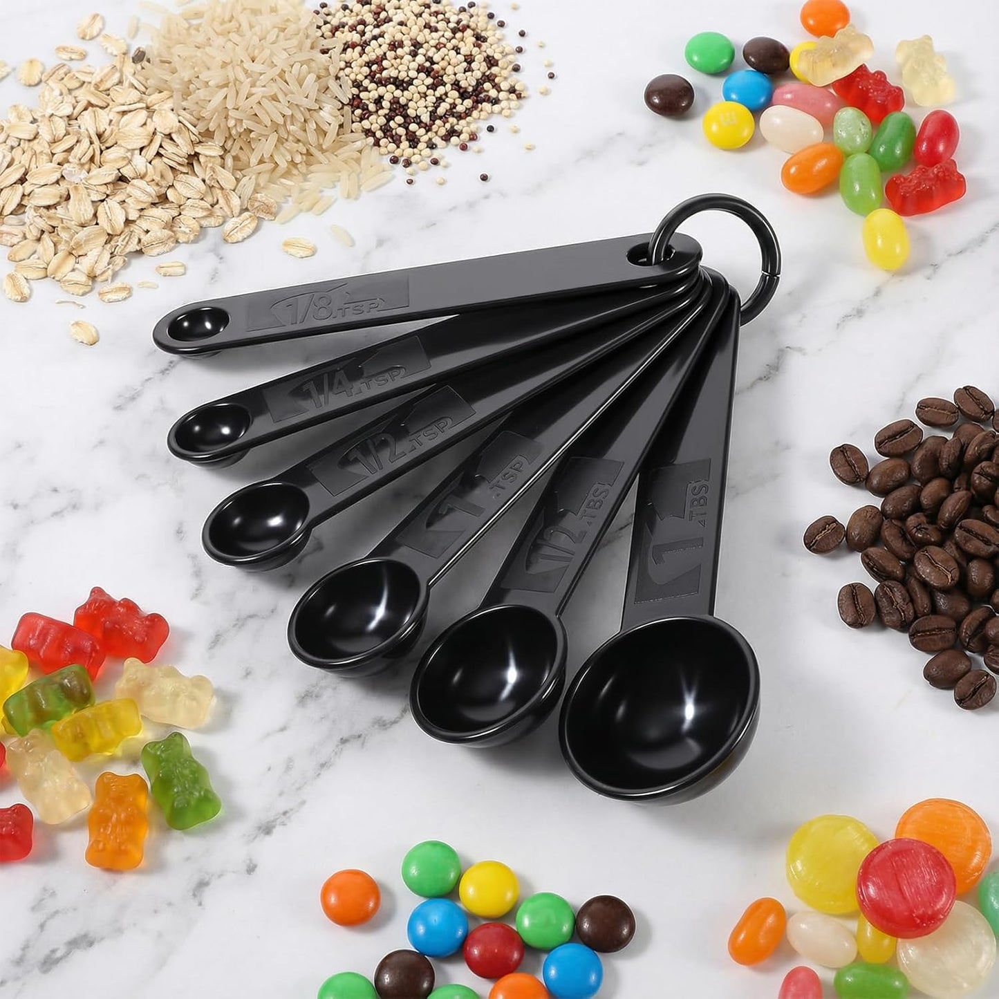 5Pcs Black Measuring Spoons Universal Easy to Read Measuring Cup and Spoon Set with Soft Grip Handle Plastic Cups and Spoons for Baking&Kitchen Hang Hole and Nesting for Easy Storage