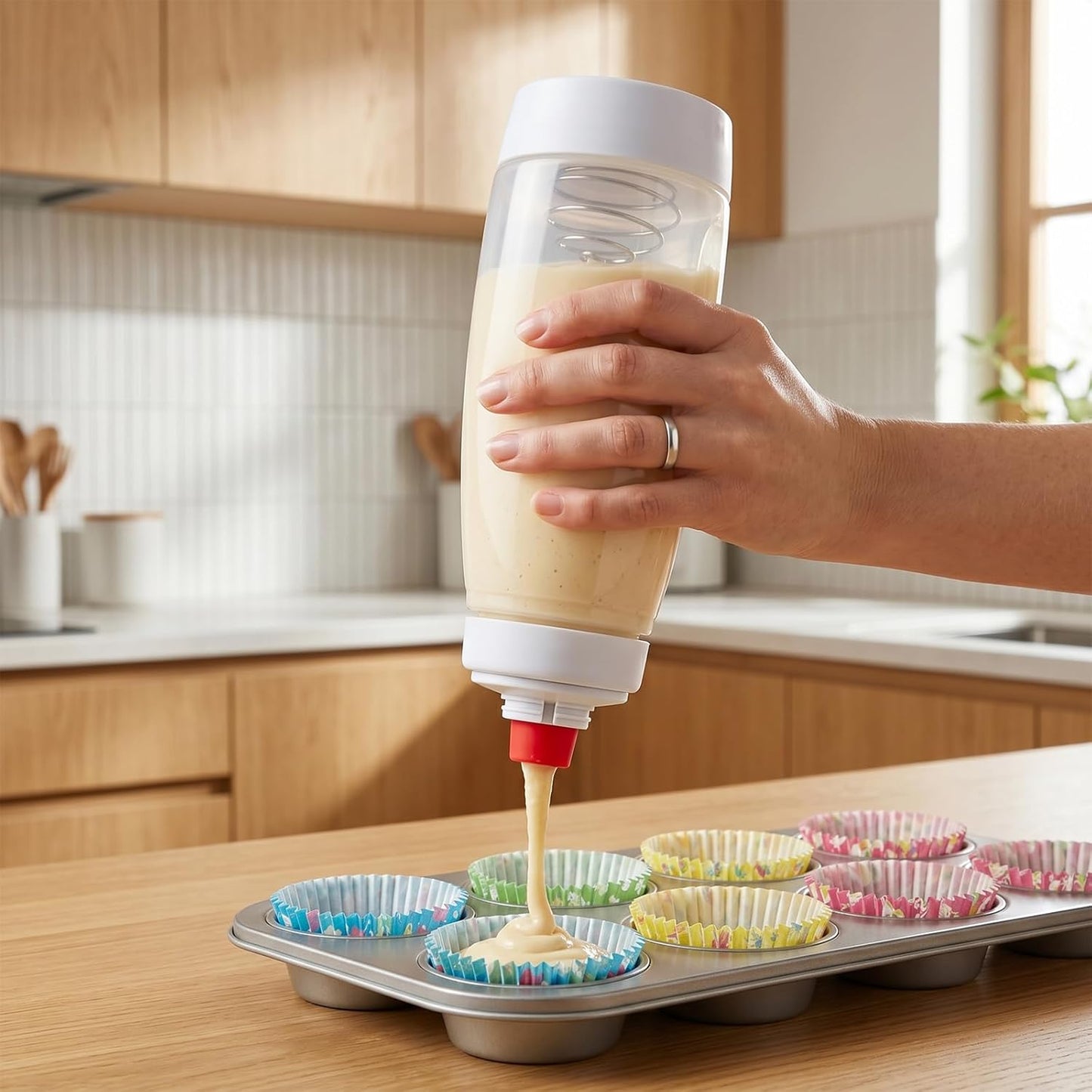 Pancake Batter Dispenser, 2 Pack Pancake Mix Dispenser with Whisk Ball and No-Drip Silicone Tip Squeeze Bottles for Pancakes, Crepes, Waffle, Muffins, Qatayef, Cupcakes