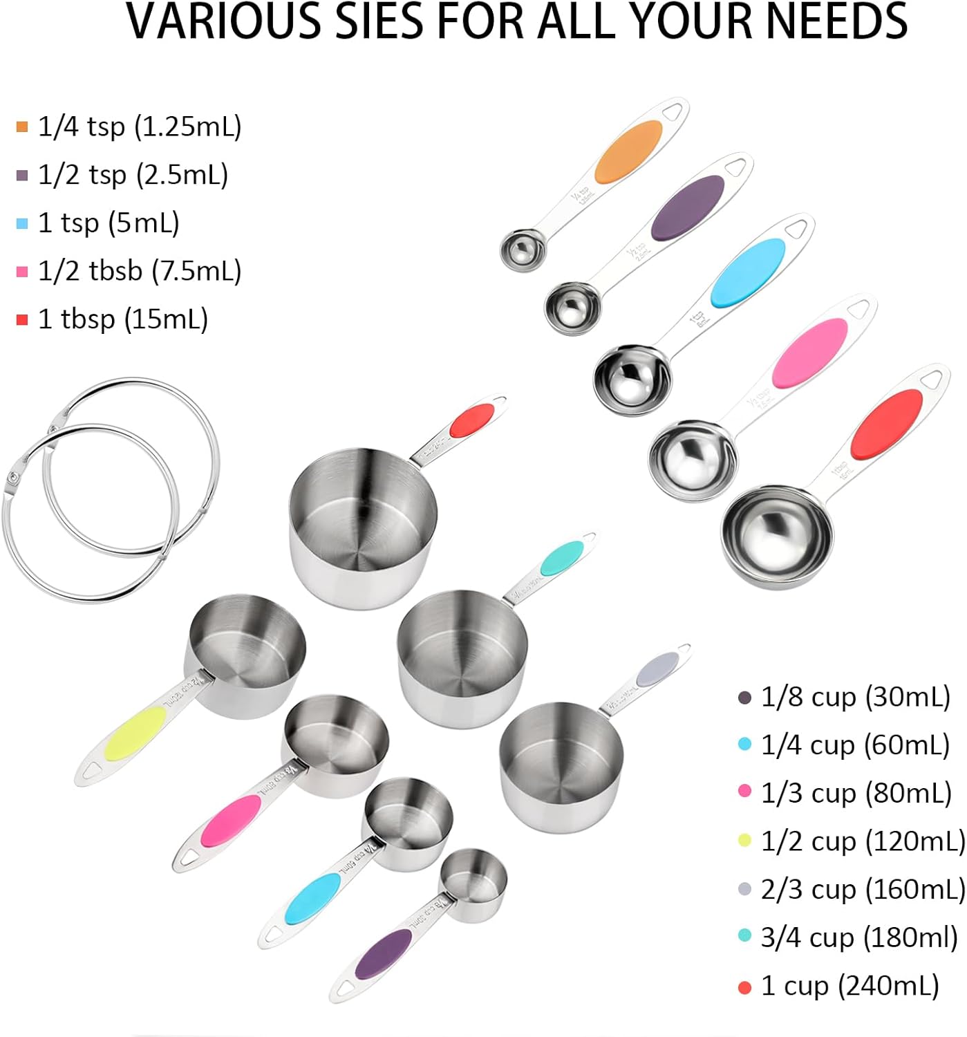 Magnetic Measuring Cups and Spoons Set, 12 Piece Stainless Steel Measuring Cups and Spoons Set, Nesting Kitchen Gadgets with Removable Clasp for Cooking & Baking (Black)