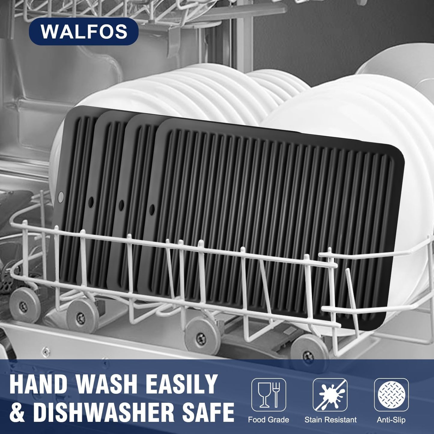 Walfos Silicone Trivet Mats - 4 Heat Resistant Pot Holders, Multipurpose Non-Slip Hot Pads for Kitchen Potholders, Hot Dishers, Jar Opener, Spoon Holder, Food Grade Silicone & BPA Free (Black)