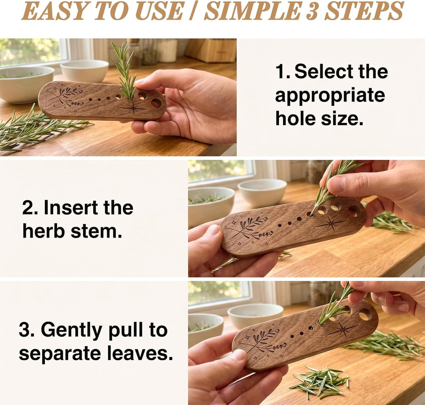 Herb Stripper with 7-Hole Leaf Separator & Black Walnut Chopper, Herb Prep Tool for Kale, Chard, Collard Greens, Rosemary, Mint and Thyme