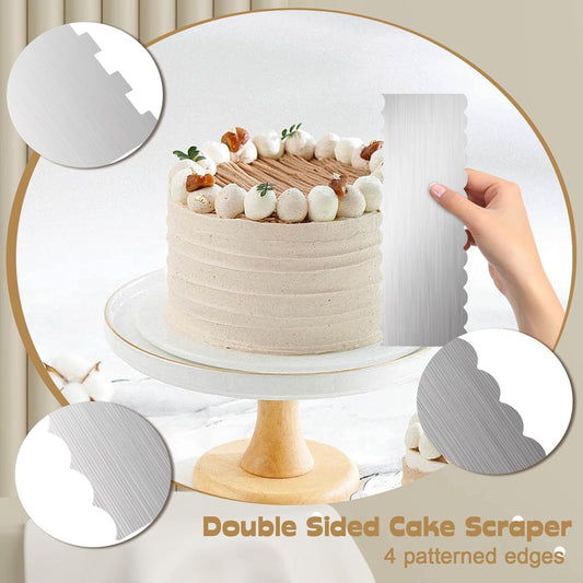 Luomorgo 2 Pack Stainless Steel Cake Scraper - 8.6 Inch Double Patterned Sides for Butter Cream, Mousse & Fondant Smoothing Decorating Comb, Edge Smoother & Frosting Tool
