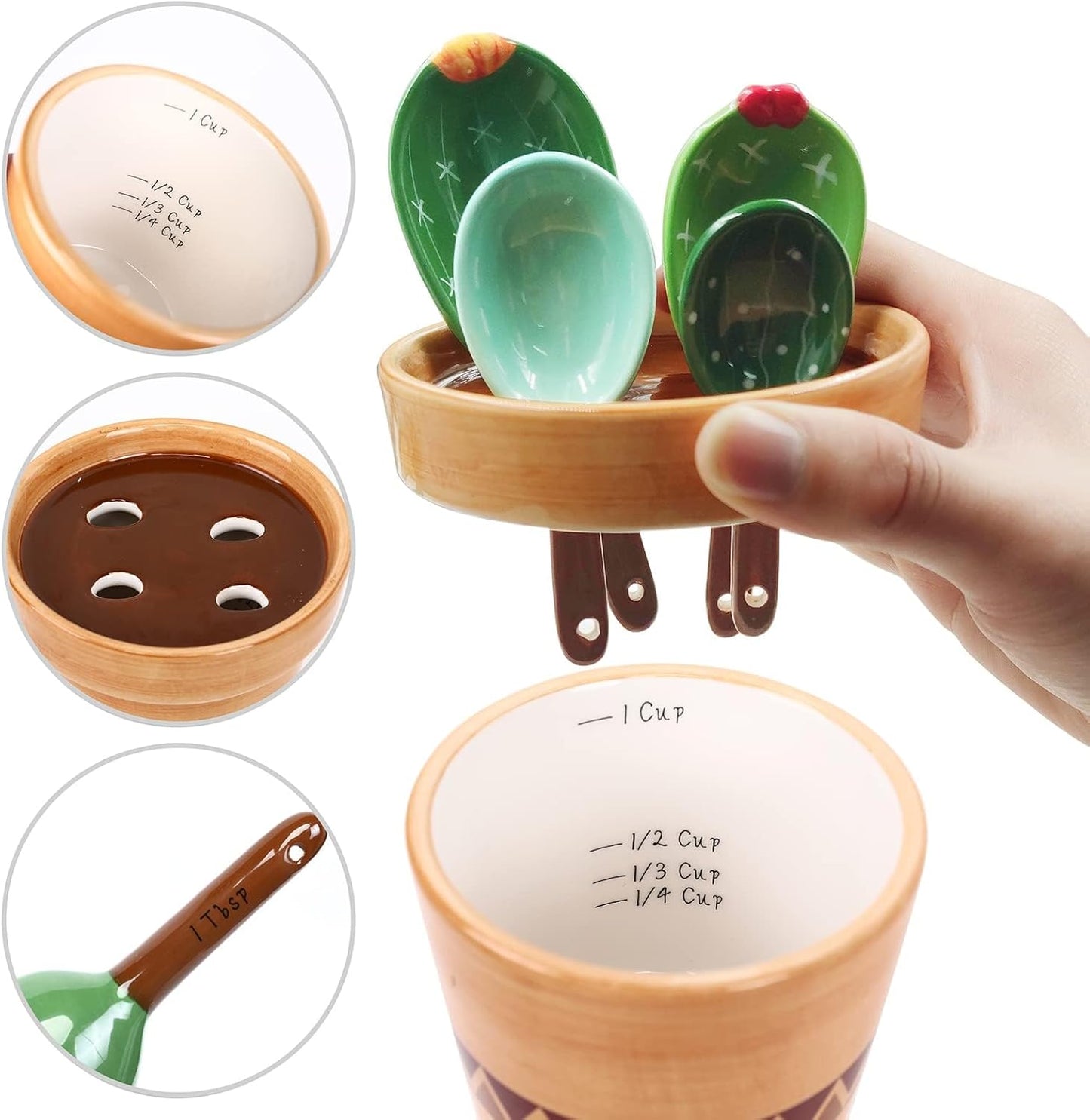 5 Pieces Measuring Spoons Set/Ceramics Spoons and Measuring Base Cup/for Dry and Liquid Ingredient, Cute Cactus Shape (Solid color base)