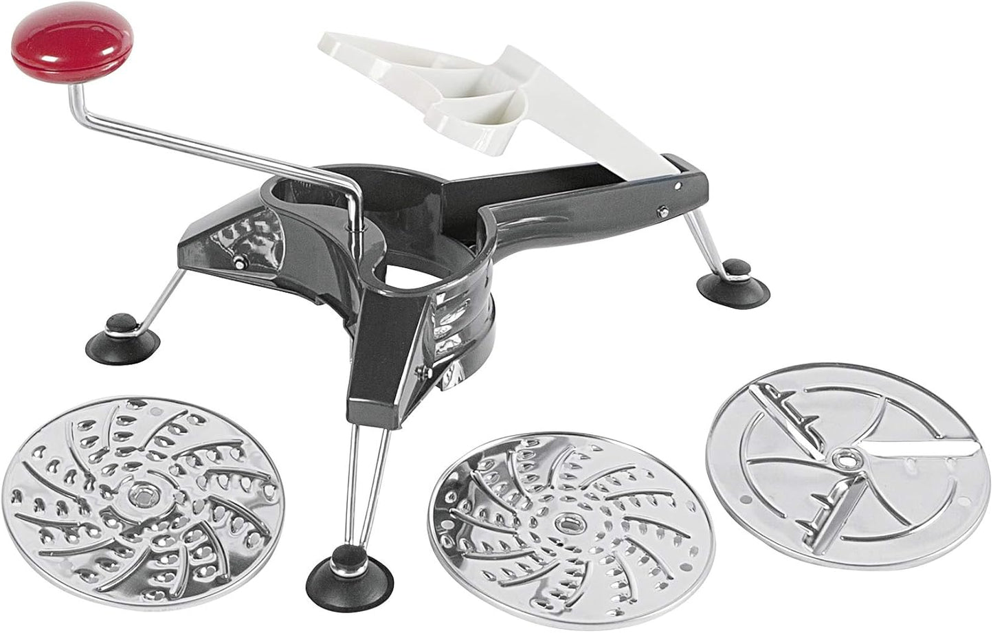 Westmark Multipurpose Heavy Duty Rotary Cheese & Vegetable Grater Cutter Slicer Shredder with 3 Interchangeable Stainless Steel Blades and Non-Slip Suction Pads