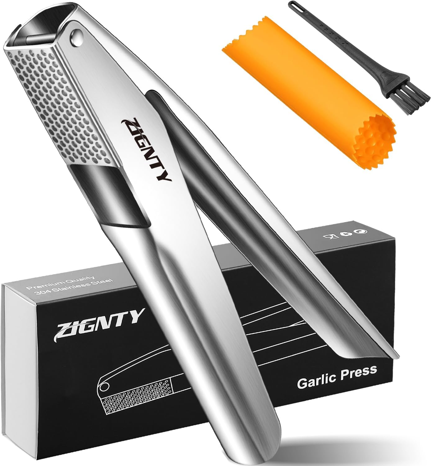 Garlic Press Stainless Steel,Professional Garlic Mincer Tool No Need to Peel,Dual Lever-Assisted Garlic Masher with Large Chamber,High Effective Garlic Crusher & Garlic Presser Dishwasher Safe