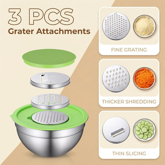 Stainless Steel Mixing Bowls with Lids Set, 6 Nesting Kitchen Bowls 0.7-4 QT, Metal Mixing Bowls with 3 Grater Attachments, Dishwasher Safe for Prep, Mixing, Serving & Storage
