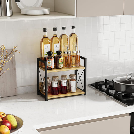 Giikin Countertop Shelf Organizer, 2 Tier Kitchen Spice Rack for Countertop, Wood Coffee Counter Shelf Organizer for Home (Brown, S)