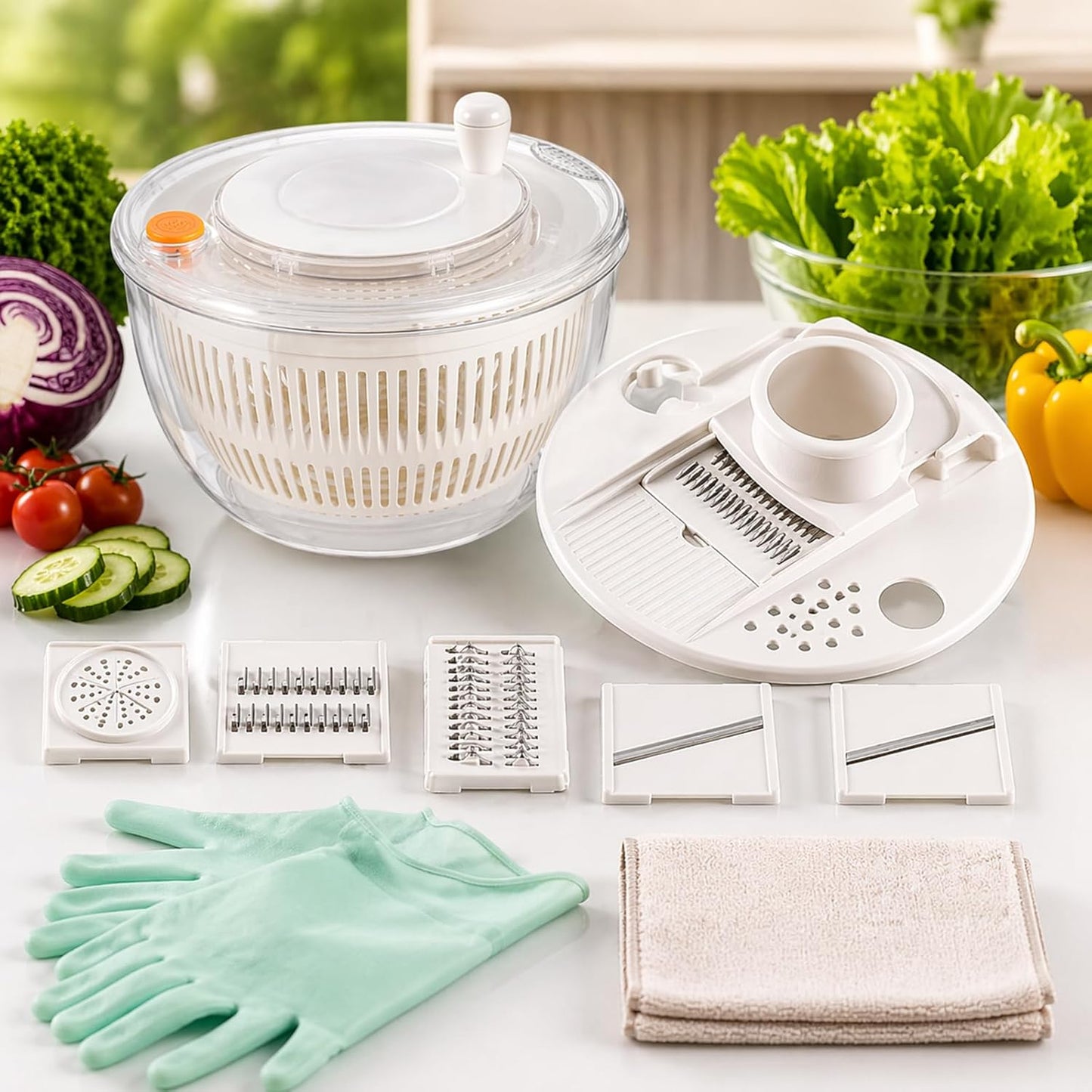 Large Capacity Multi-function Salad Spinner, 6-in-1 Salad Spinner & Vegetable Chopper, Vegetables Fruits Washing Bowl, With 5 Blade Slicer Egg Yolk Strainer Shredder (Transparent Version A)