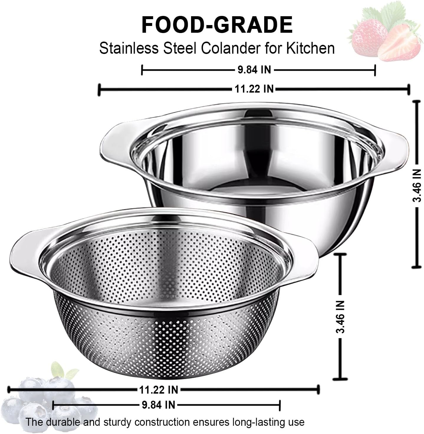 Colander for Kitchen, 1.5 QT 18/8 Stainless Steel Colander, Stainless Steel Strainer with Mixing Bowl, Rice Strainer with Handle for Washing Vegetables, Fruit, Rice, and Pasta (2 PC)