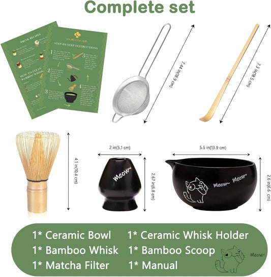 Matcha Whisk Set, 5 Pcs Traditional Japanese Matcha Whisk Preparation Kit, White Glossy Ceramic Bowl with Black Cat and Strawberry Pattern