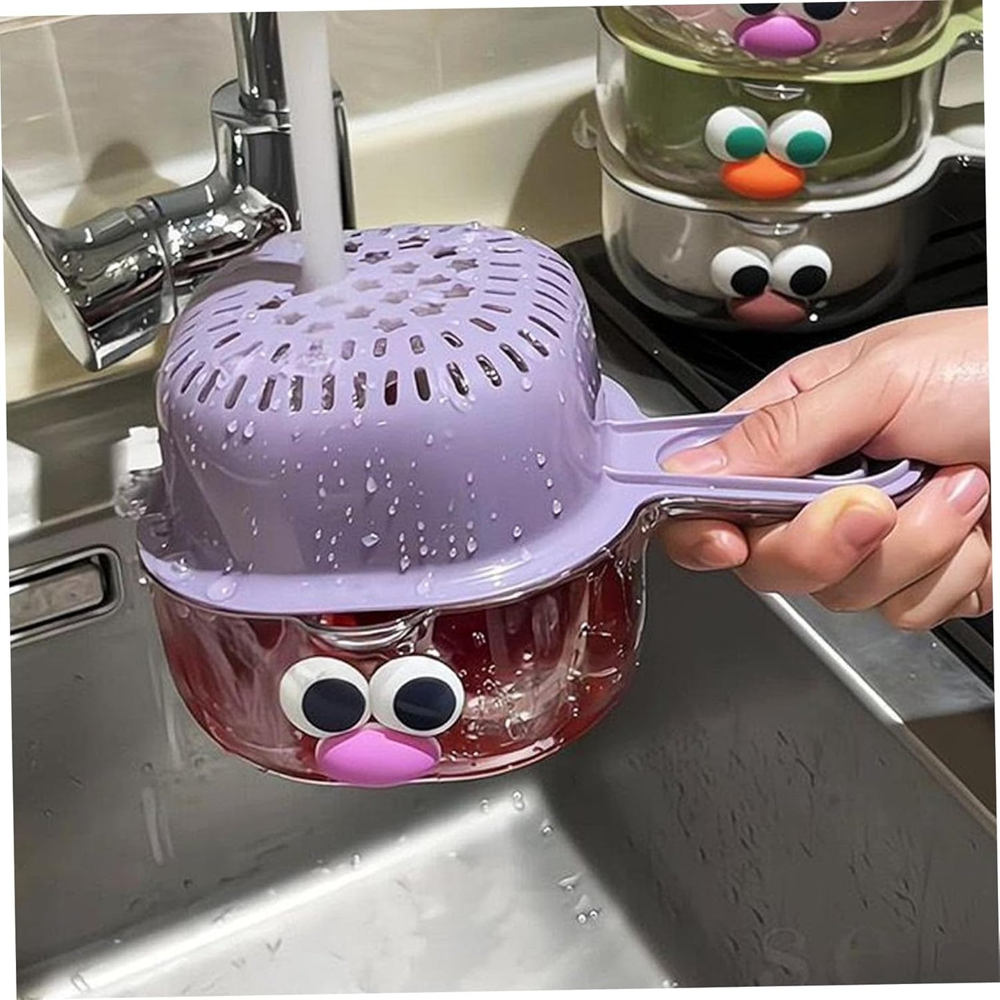 3pcs Fruit Washing Bowl with Strainer, Premium Thickened Double-Layer Design, Ergonomic Handles, Drain Basket for Kitchen Fruits Vegetables, Green Purple White