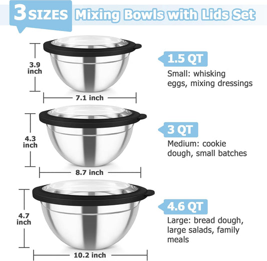 TeamFar Mixing Bowls with Lids, 4.5/3/1.5 QT Stainless Steel Nesting Salad Bowls with Airtight Lids, For Serving/Mixing/Storing/Prepping, Healthy & Sturdy, Visible & Easy Clean, Khaki, Set of 3