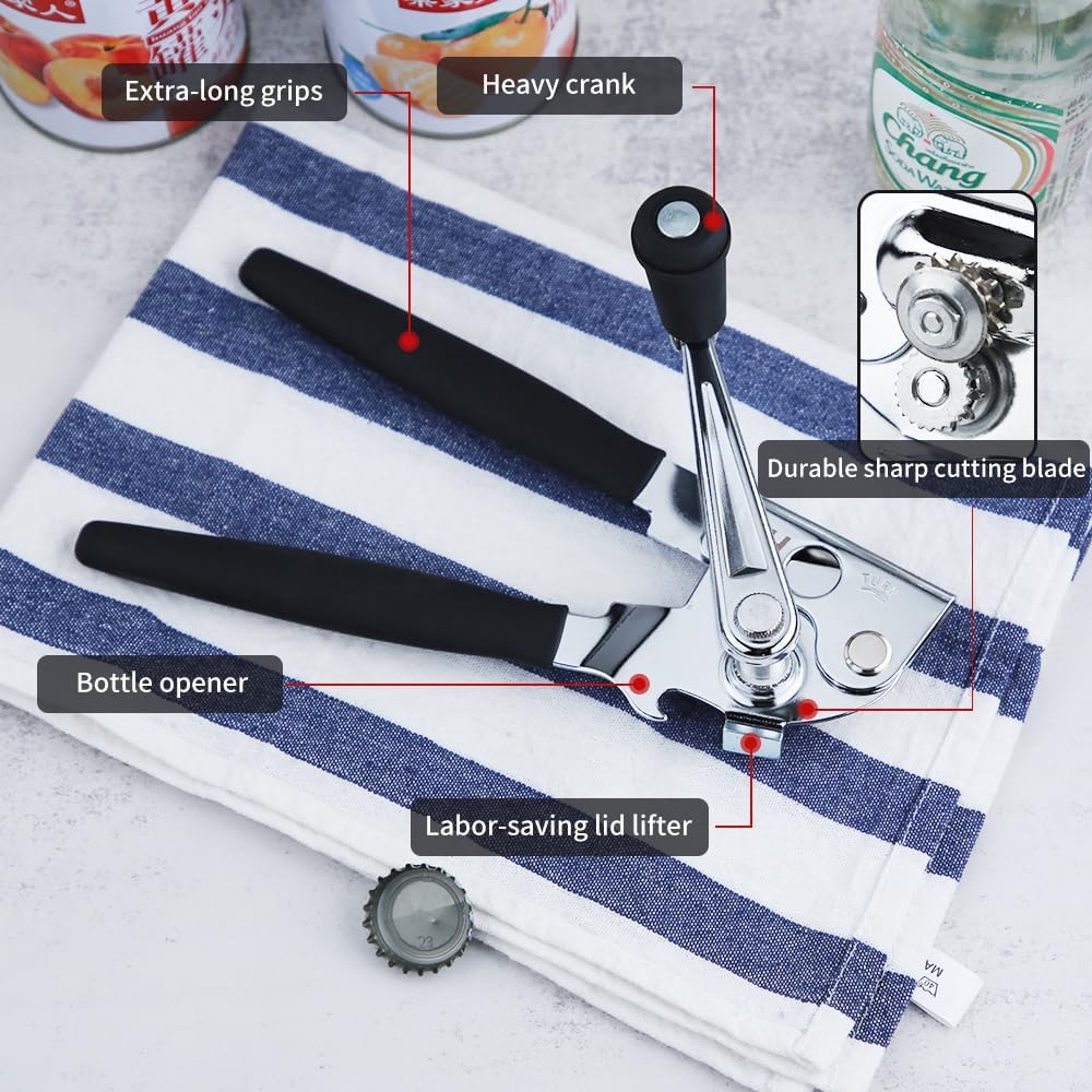 JPH Commercial Can Opener Manual Heavy Duty - Easy to Use with Comfortable Easy Crank Handle - Swing Grip Design, Hand Can Opener, Includes Built in Bottle Opener (Extra Large) (black)