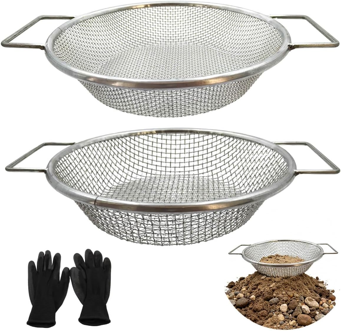 Dirt Soil Sifter for Gardening - 2Pcs Multi Mesh Size Set (1/8",1/4",) Heavy Duty Garden Sieve with Handles, Ideal for 5 Gallon Bucket Compost, Dirt, Sand, Gravel, Rocks & Sawdust Sifter