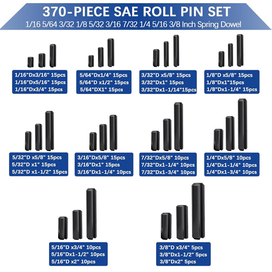 370 Pcs Roll pin Assortment, SAE Roll Pin Set, Slotted Spring Pins, Steel Split Expansion Pin, Black Roll Pins, 1/16 5/64 3/32 1/8 5/32 3/16 7/32 1/4 5/16 3/8 Inch Spring Dowel
